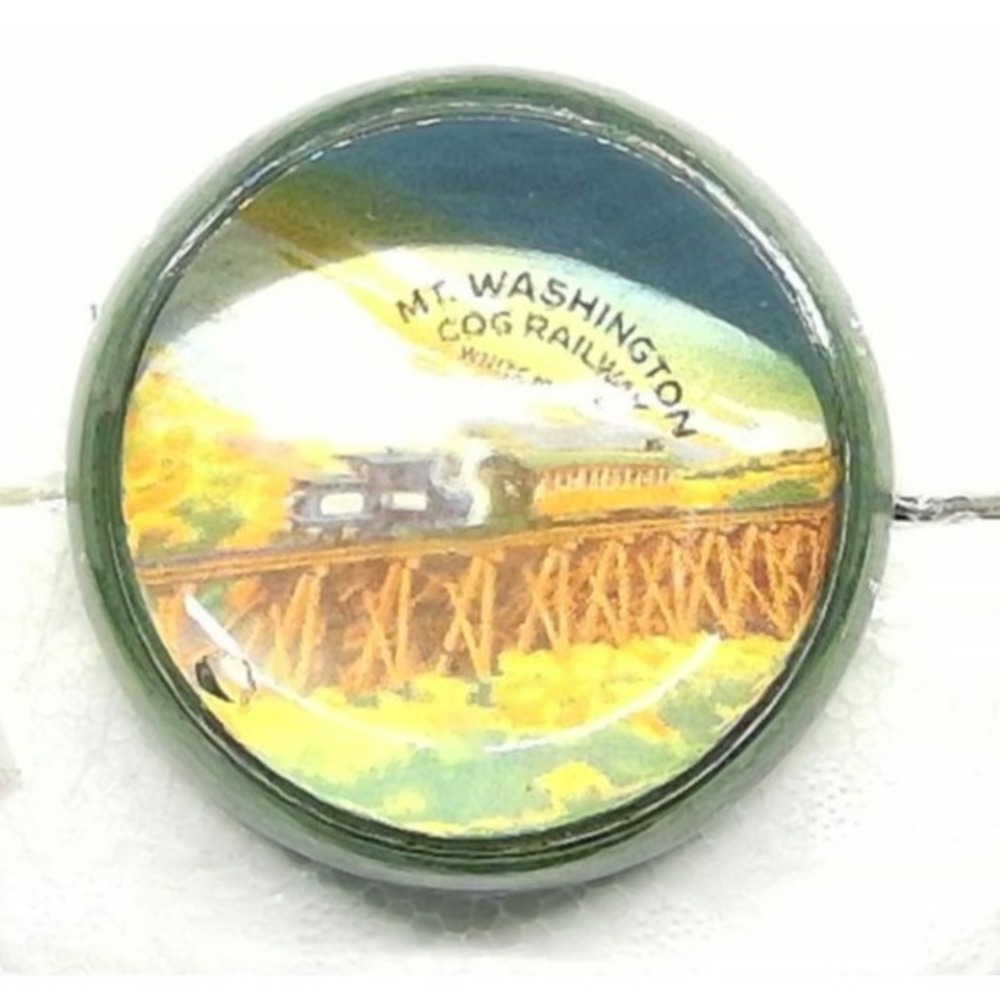 Art Deco Mt Washington Cog Railway Green Glass Souvenir Paperweight Felt Base
